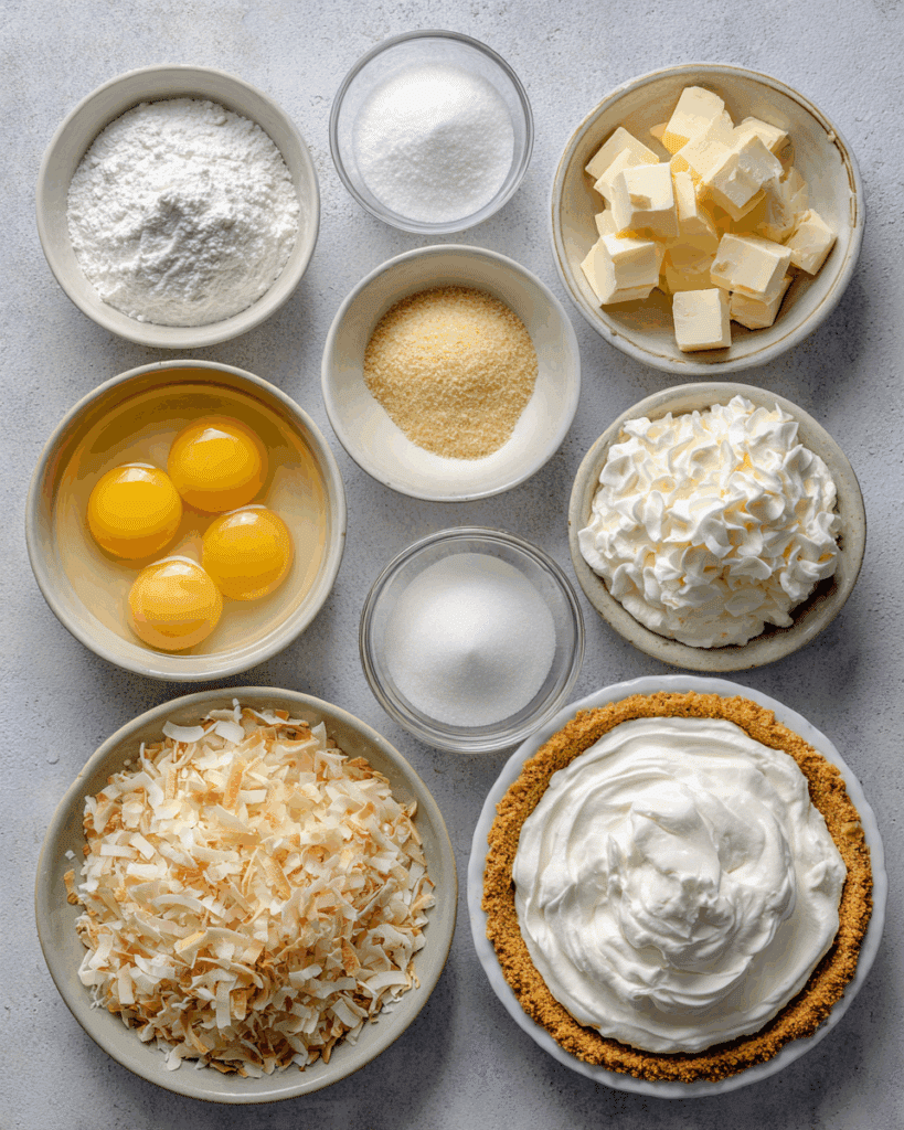 “Coconut Cream Pie ingredients laid out on a marble surface”