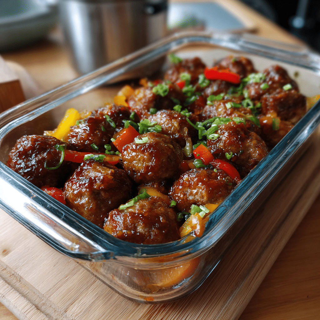 Leftover sweet and sour meatballs stored in airtight container