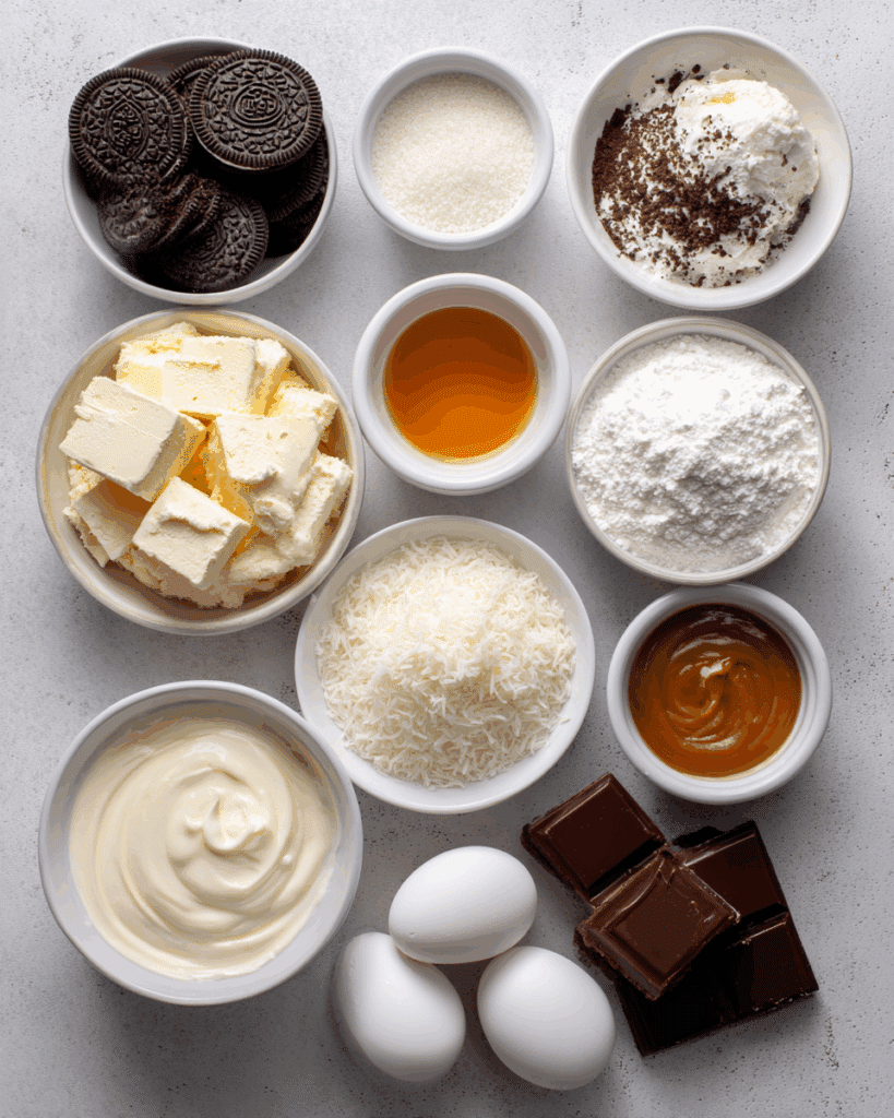 Samoa Cheesecake ingredients including Oreo cookies, cream cheese, caramel, coconut, and chocolate