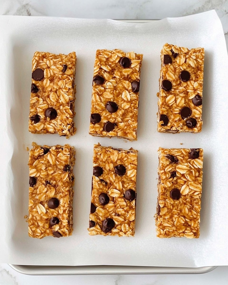The image shows five rectangular granola bars arranged in a neat vertical line on a white marbled surface. Each bar has a rough texture with a golden-brown color from oats, mixed with small dark brown chocolate chips scattered unevenly throughout. The bars appear thick and dense, with visible oats and chocolate pieces embedded in the surface, giving them a slightly bumpy look. The overall tone is warm and inviting, with a natural, homemade appearance. photo taken with an iphone --ar 4:5 --v 6.1