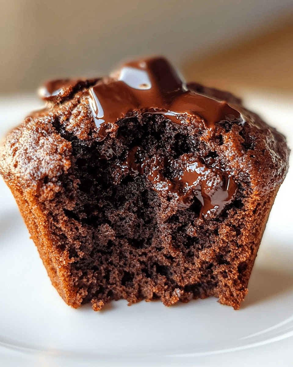 The image shows two chocolate muffins on a white plate with a soft blue-grey surface. The muffin in the front is cut in half, showing a rich, dark brown, moist and dense inside with a slightly crumbly texture. On top of the muffin are small, smooth pieces of chocolate. The muffin in the back is whole with a textured, cracked, and slightly shiny dark brown top. The plate is placed on a white marbled surface with a warm, softly blurred kitchen background. Photo taken with an iphone --ar 4:5 --v 6.1