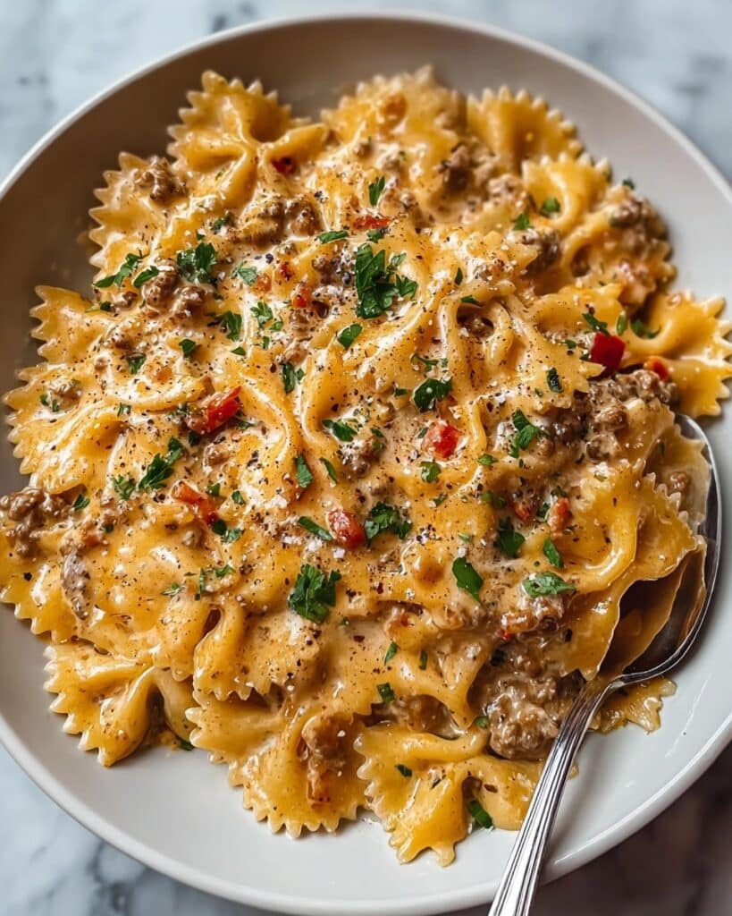 Parmesan Roasted Red Pepper Chicken Bowties in Garlic Cream Recipe