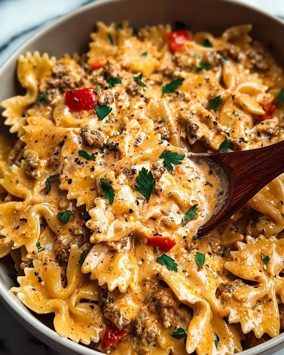 Parmesan Roasted Red Pepper Chicken Bowties in Garlic Cream Recipe - Recipe Image