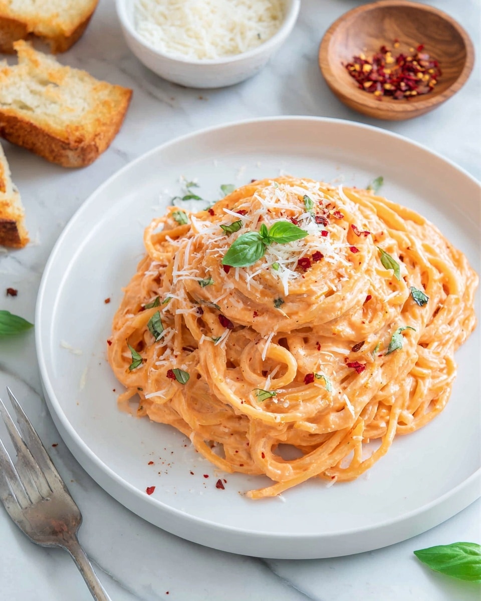 A white plate holds a round mound of spaghetti, coated in a smooth, creamy pale orange sauce with a slightly glossy texture. The noodles are tightly twirled in a nest shape, with small specks of black pepper and red chili flakes scattered throughout. On top, there is a light sprinkle of shredded white cheese and small fresh green basil leaves, adding texture and color contrast. The setting includes a white marbled textured surface with scattered green basil leaves, blurred chunks of bread, and small bowls with white and red seasonings in the background. photo taken with an iphone --ar 4:5 --v 7