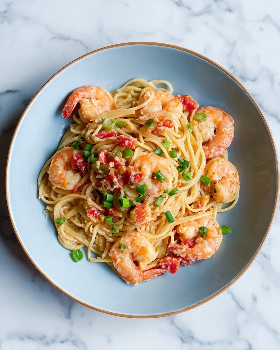A white deep plate holds a serving of creamy shrimp pasta. The bottom layer is light yellow spaghetti noodles twisted in the center. On top and around the noodles are several cooked shrimp, pink-orange in color with a slightly shiny texture. Small pieces of red tomatoes are mixed through the noodles. Bright green chopped scallions are scattered over the shrimp and pasta. The plate sits on a white marbled surface. photo taken with an iphone --ar 4:5 --v 7