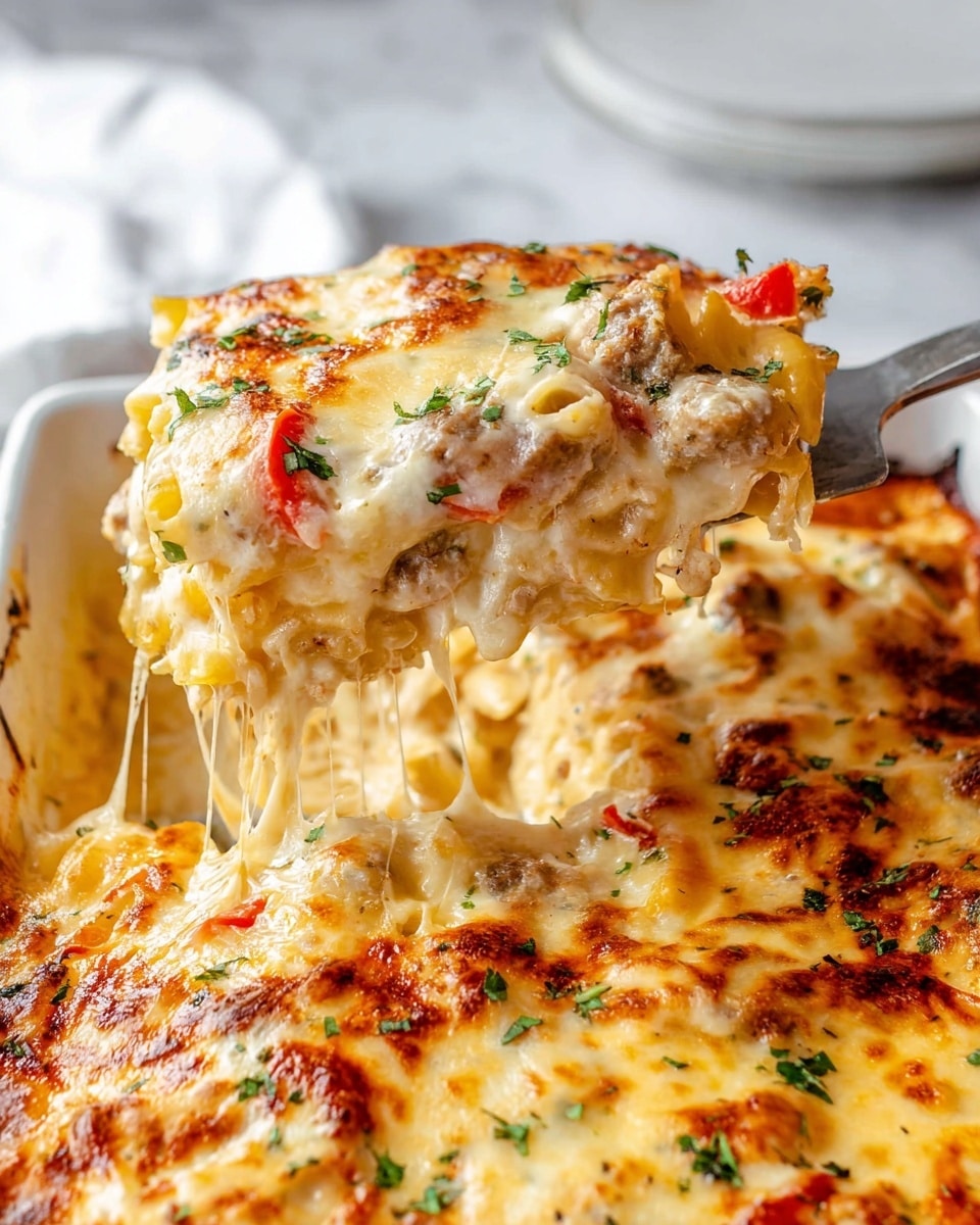 This image shows a creamy baked dish in a white rectangular baking dish. The dish has multiple layers visible: a bottom layer with pieces of browned meat and green peppers, then a thick white sauce mixed with red bell pepper chunks, all topped with a melted golden cheese layer with some browned spots and small green herb sprinkles. A wooden-handled spatula lifts a portion of the dish, showing the thick, creamy texture with the meat and pepper pieces clearly visible among the sauce. The surface beneath the dish is a white marbled texture. photo taken with an iphone --ar 4:5 --v 7