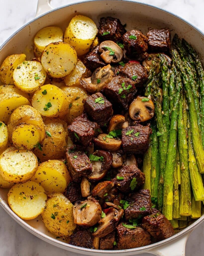 Steak Tips With Roasted Potatoes and Asparagus Recipe