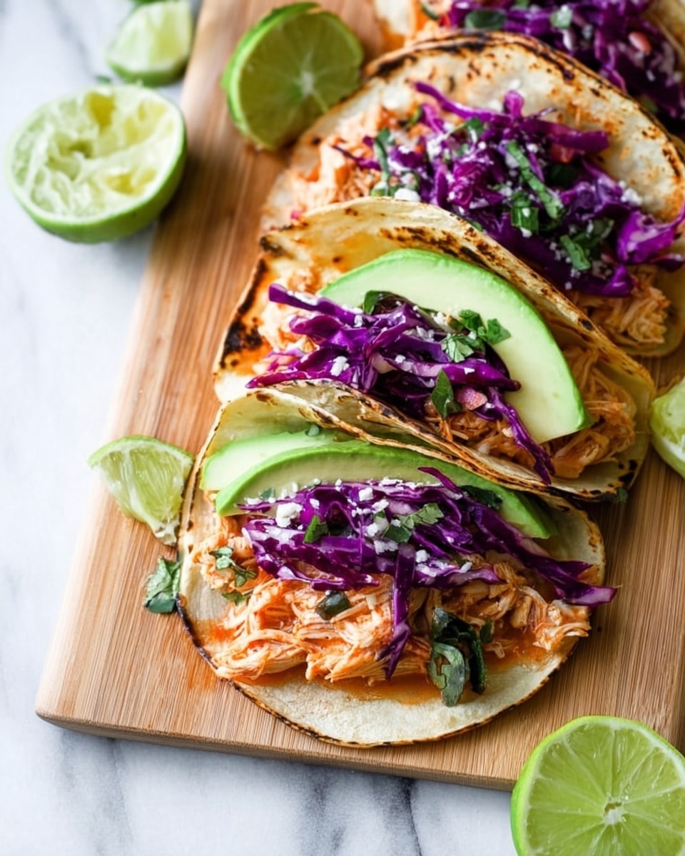 The image shows a close-up of two tacos on a white marbled surface. Each taco has three layers: at the bottom, a slightly charred, light golden brown corn tortilla with black toasted spots; the middle layer has shredded light beige chicken mixed with some red-orange sauce and bits of green herbs; the top layer is bright purple shredded cabbage adding a fresh and crisp texture. A long, smooth, light green avocado slice lies alongside the taco, and a lime wedge with a pale green inner side is visible in the corner. The lighting is bright, highlighting the vivid colors and textures, photo taken with an iphone --ar 4:5 --v 7