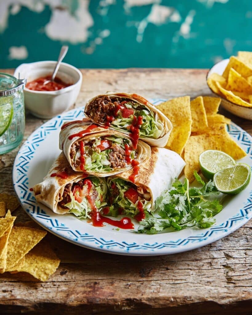 Creamy Beef Burritos with Fresh Veggies and Crispy Tortilla Chips Recipe