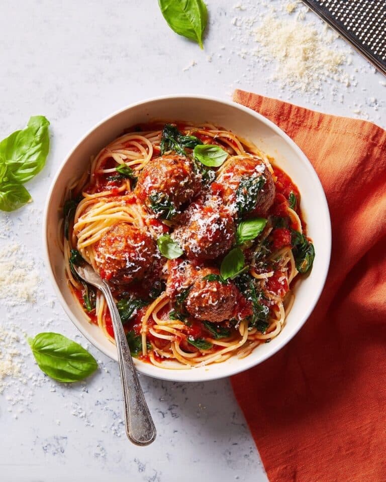Chicken and Ricotta Meatballs with Spaghetti in Tomato Spinach Sauce Recipe