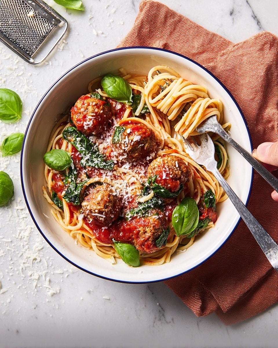 Chicken and Ricotta Meatballs with Spaghetti in Tomato Spinach Sauce Recipe - Recipe Image