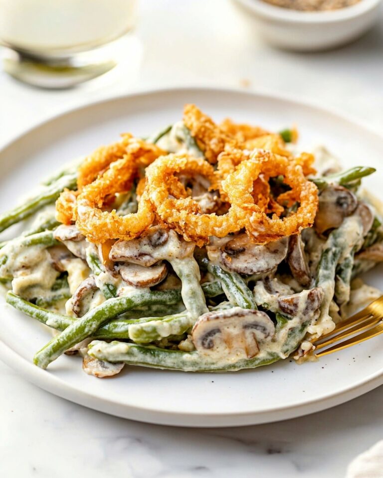 Creamy Green Bean Casserole with Mushrooms, Parmesan, and Crispy Onions Recipe