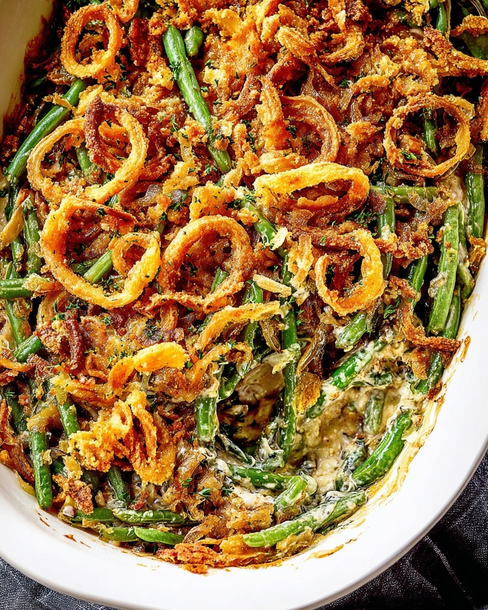 Creamy Green Bean Casserole with Mushrooms, Parmesan, and Crispy Onions Recipe - Recipe Image