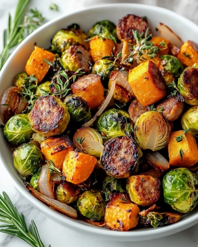 Harvest Sheet Pan Dinner with Chicken Apple Sausage, Sweet Potatoes, and Brussels Sprouts Recipe