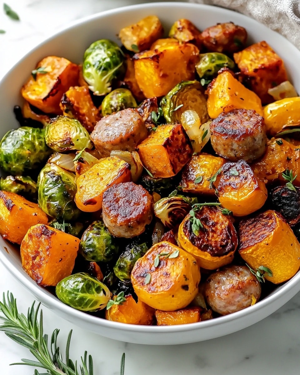 Harvest Sheet Pan Dinner with Chicken Apple Sausage, Sweet Potatoes, and Brussels Sprouts Recipe - Recipe Image