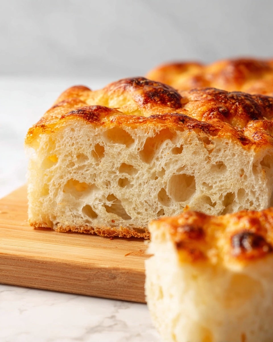 This image shows a close-up of a thick piece of focaccia bread resting on a wooden cutting board. The bread has a golden-brown, crispy top layer with some darker, roasted spots scattered across. Below the crust, the inside of the bread is soft, airy, and light with a spongy texture and many irregular holes. In the front part of the image, there is a blurred smaller piece of the same focaccia, showing the fluffy interior and the golden top. The setting is on a white marbled surface. Photo taken with an iphone --ar 4:5 --v 7