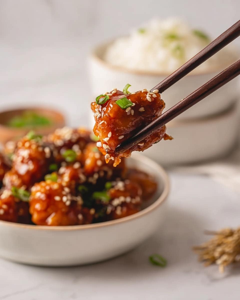 A piece of orange-glazed chicken covered in thick sticky sauce, held by dark brown chopsticks. The chicken is sprinkled with light tan sesame seeds and small bright green chopped scallions. In the background, there is a white bowl filled with more pieces of glazed chicken, slightly blurred, and a white bowl filled with fluffy white rice. The setting is on a white marbled surface with a soft, neutral light. photo taken with an iphone --ar 4:5 --v 7