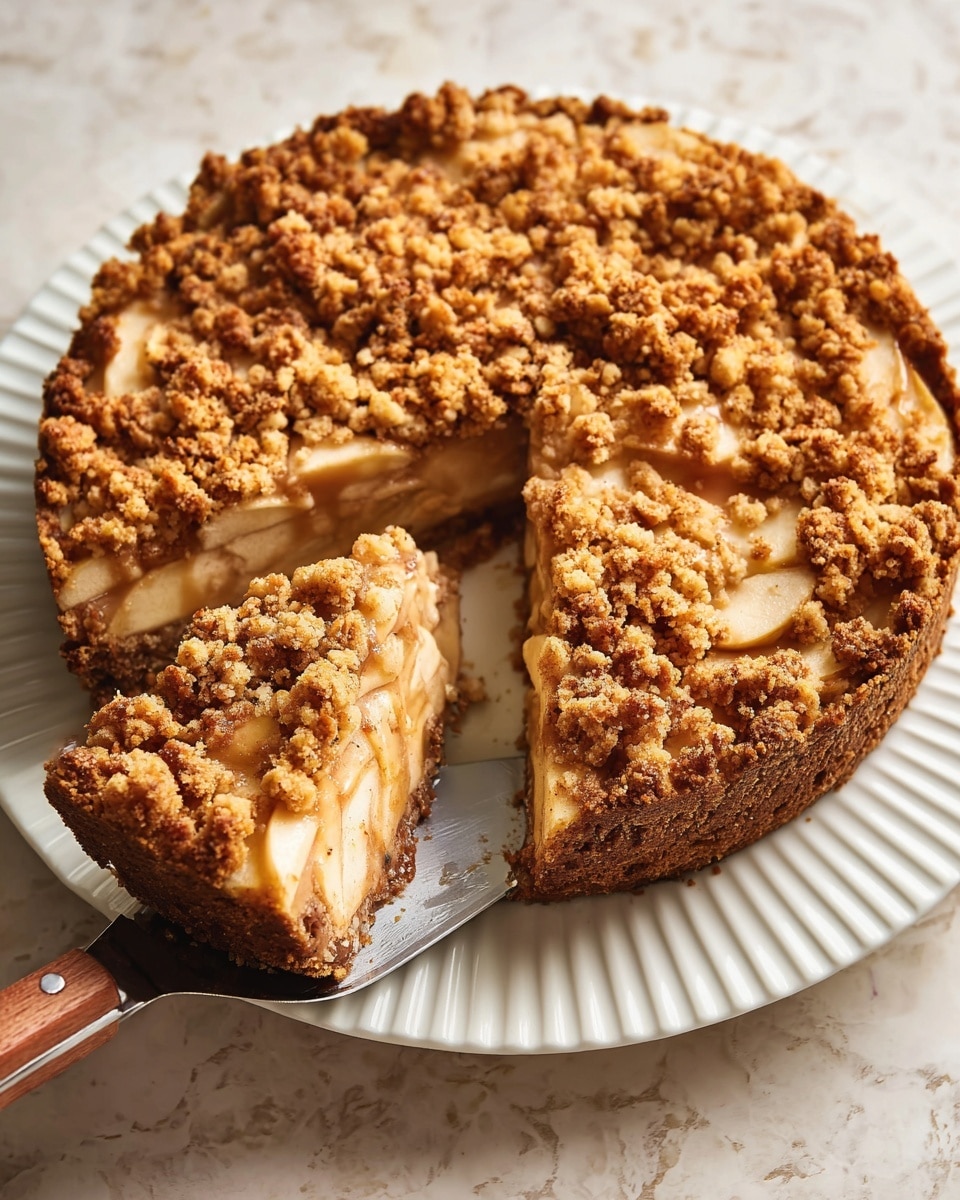 The image shows a thick apple crumble pie with three visually distinct layers on a white plate with edged ridges. The bottom layer is a thick, dark golden brown crumbly crust. The middle layer is filled with soft apple slices that are light beige and slightly shiny from syrup or sauce. The top layer is a crumbly oat and sugar mixture in light golden color, scattered unevenly and covering the apples. One slice is being lifted with a pie server that has a wooden handle. The background is a white marbled textured surface. Photo taken with an iphone --ar 4:5 --v 7