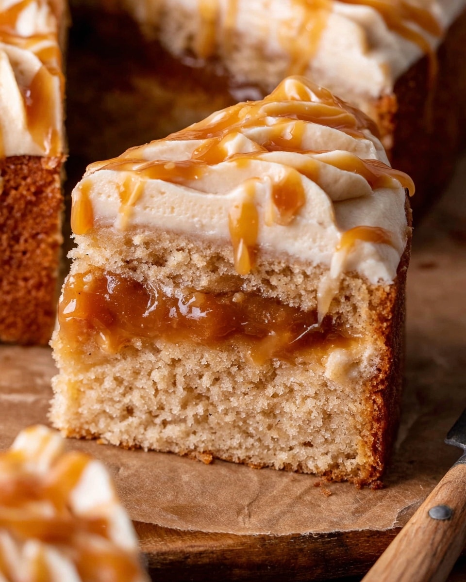 A close-up of a slice of moist cake with three layers: the bottom layer is a light brown soft crumb texture, the middle layer is a shiny caramel filling with a sticky, smooth look, and the top layer is a creamy light beige frosting with swirls of caramel drizzle on top. The cake slice is positioned on a brown paper sheet over a wooden surface, with parts of other cake slices visible around it. Photo taken with an iphone --ar 4:5 --v 7