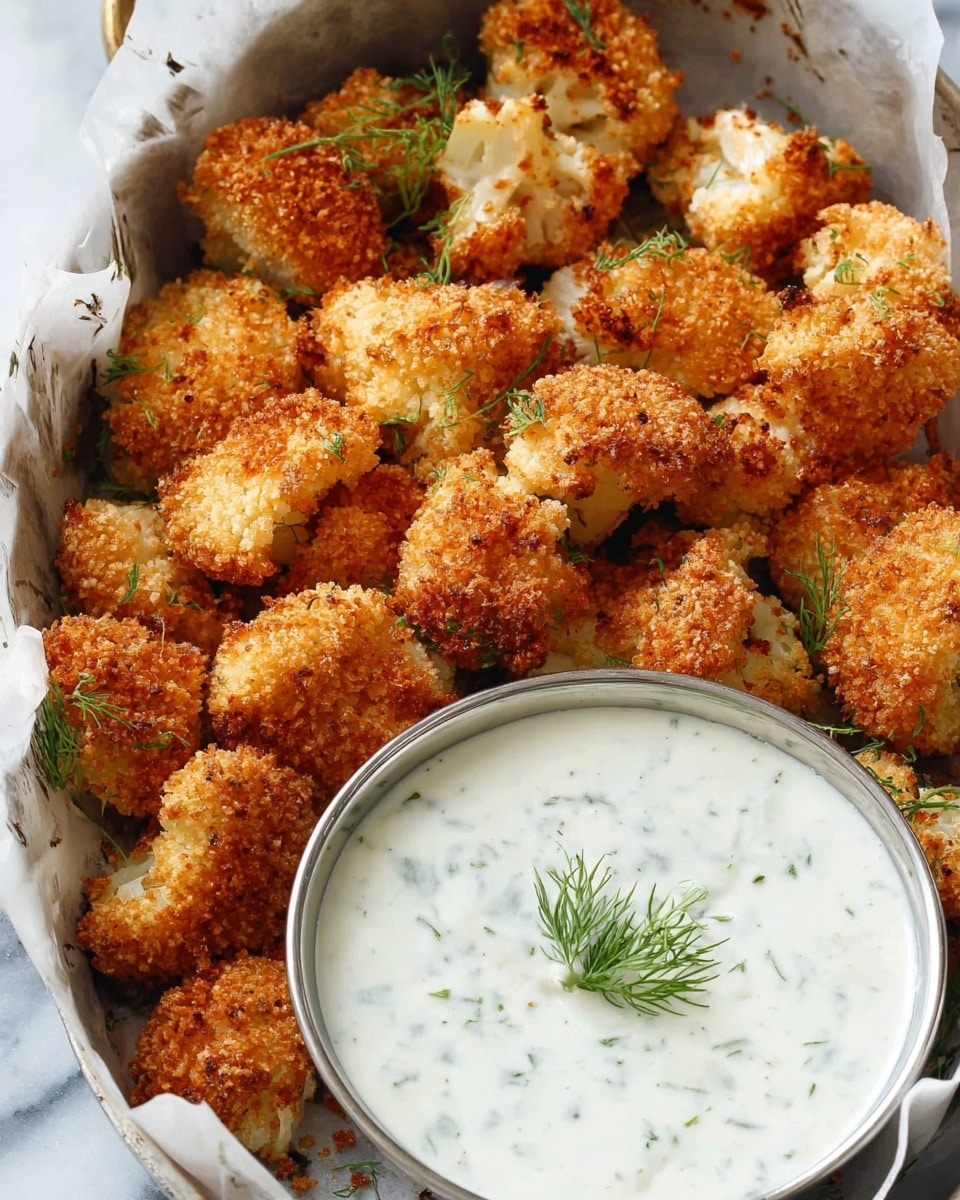 The image shows many golden brown crispy pieces of cauliflower arranged around a round silver bowl filled with white creamy sauce that has small green herb bits inside. The cauliflower pieces have a rough, crunchy texture with a nicely baked color, and a few green herb sprigs are scattered among them. The bowl sits on white parchment paper with a simple print, and the background is a white marbled surface. A small green dill herb is placed neatly on top of the sauce, adding a fresh touch. Photo taken with an iphone --ar 4:5 --v 7