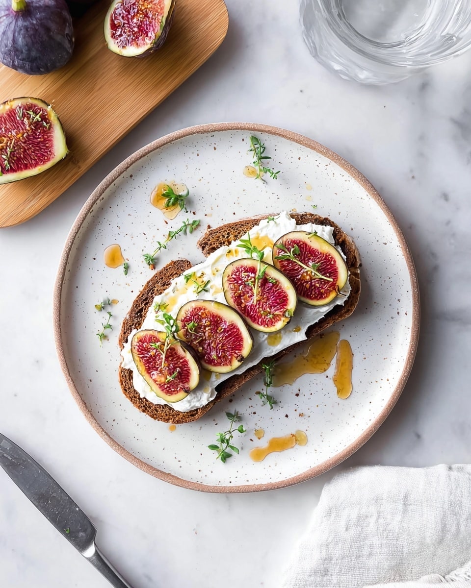 A white speckled plate holds one piece of dark brown toasted bread as the base layer. On top of the toast is a thick spread of smooth white cream cheese, evenly covering the bread. Four slices of fresh fig, showing red interiors and purple skin with green edges, are neatly placed in a row across the cream cheese. Tiny green herb leaves are sprinkled over the figs and cream cheese. Gold honey is drizzled lightly over the toast and plate. The plate sits on a white marbled surface with a silver knife and a clear glass of water nearby. A wooden board with whole and sliced figs is in the top left corner, and a white cloth is partly visible in the bottom right corner. Photo taken with an iphone --ar 4:5 --v 7