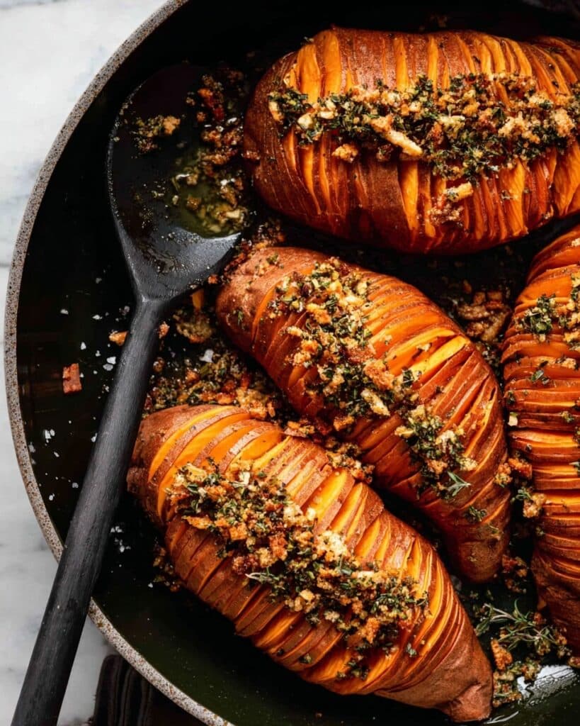 Hasselback Sweet Potatoes with Garlic, Sage, and Nutmeg Recipe