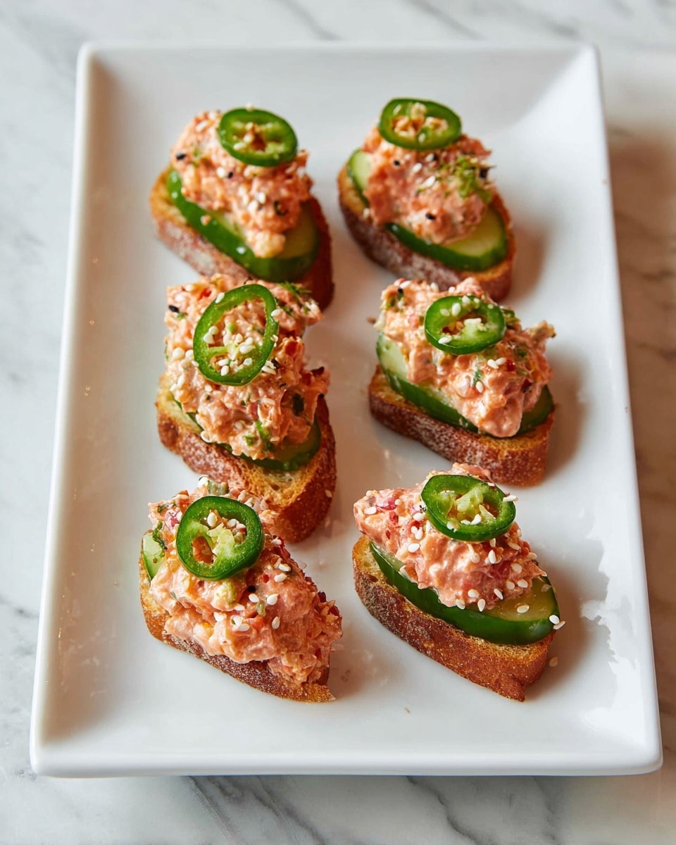 Six small rectangular pieces of crispy tofu sit neatly on a white plate arranged in two rows of three. Each tofu piece has a crunchy golden-brown base, topped with a layer of bright green cucumber slices, which are then covered with a creamy, chunky pinkish-orange mixture that looks like spicy salmon or seafood salad. Thin green jalapeño rings with visible seeds rest on top of each piece, sprinkled lightly with white sesame seeds. The plate is placed on a white marbled surface, and the lighting is soft and natural. Photo taken with an iphone --ar 4:5 --v 7