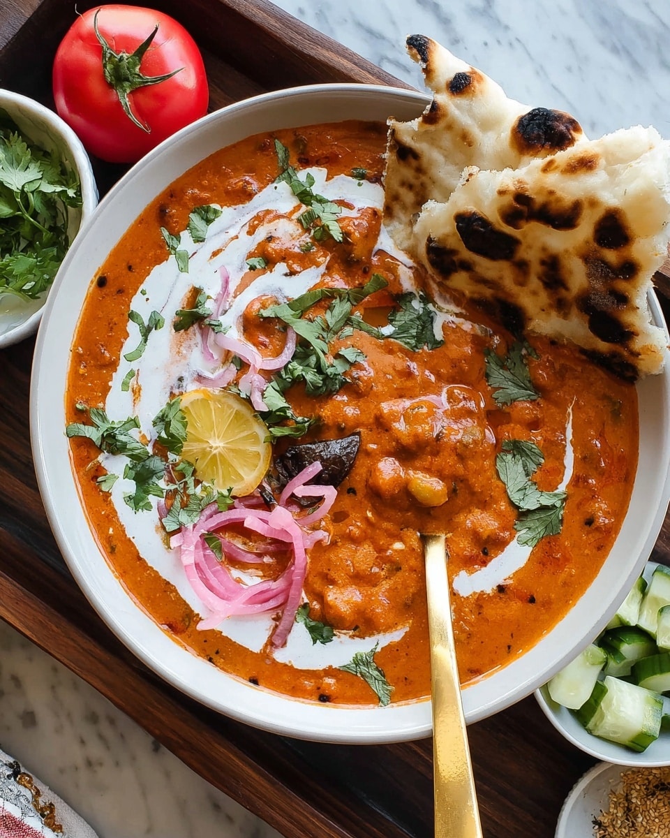 A white bowl filled with rich, creamy orange curry, with visible chunks giving a textured look. On the left side, there is torn flatbread resting on the edge, showing a soft inside and browned spots on the outside. A slice of lemon rests near the flatbread inside the bowl. There are garnishes of fresh green cilantro leaves scattered on top, some pickled red onion strands, and a dark red dried chili pepper. White cream is swirled on the surface of the curry. A gold spoon is partly dipped into the curry on the right side of the bowl. The bowl sits on a round wooden tray, with a whole red tomato at the top and a small white bowl of diced green cucumbers nearby, all placed on a white marbled surface. Photo taken with an iphone --ar 4:5 --v 7