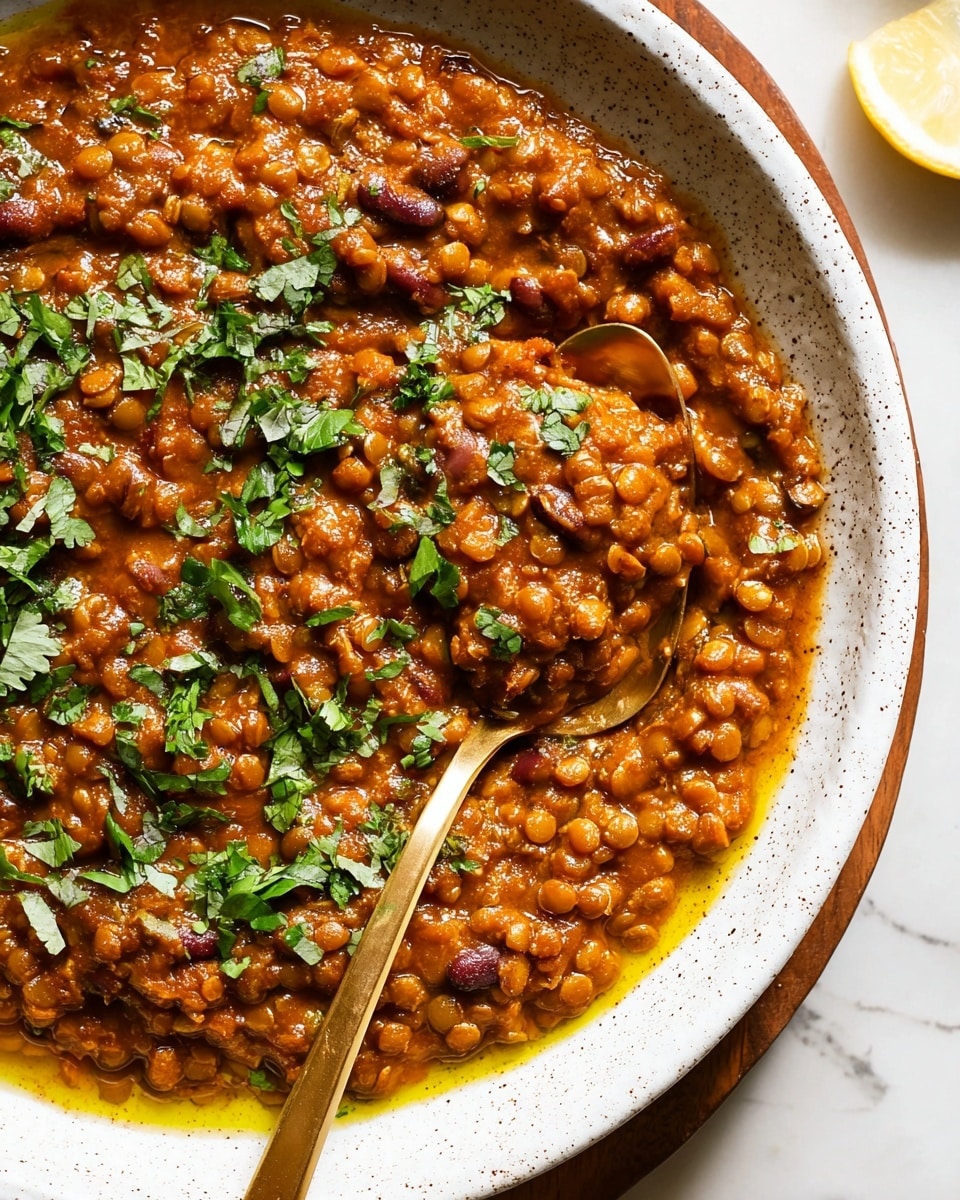 The image shows a close-up of a single layer of thick lentil curry in a white speckled bowl. The curry has a rich brownish-orange color with small green lentils visible throughout the creamy sauce. It is topped with chopped fresh green cilantro sprinkled across the surface and a swirl of white cream mixed in. A golden spoon rests partly inside the curry on the right side. Around the bowl on a wooden tray are three lemon wedges with a bright yellow color. The whole setup is on a white marbled surface. The photo taken with an iphone --ar 4:5 --v 7