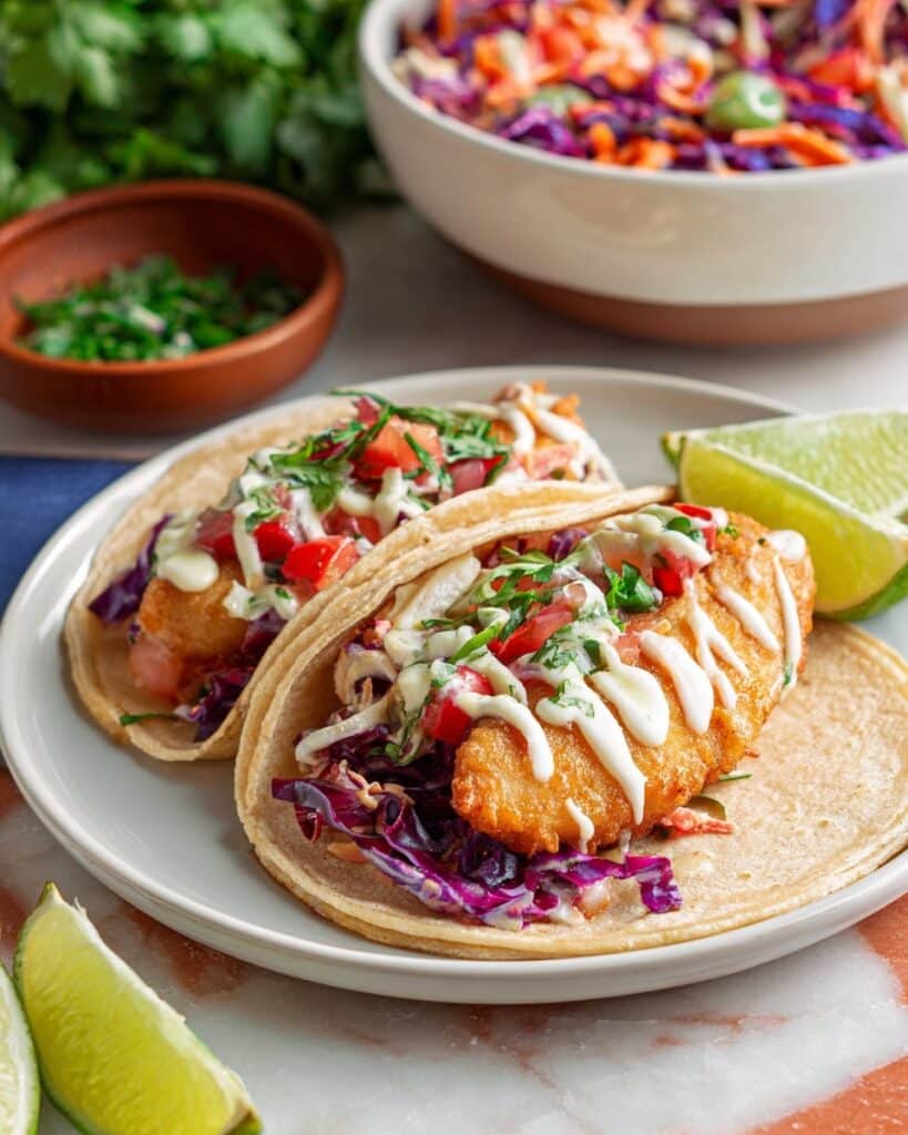 Baja Fish Tacos with Fresh Slaw and Creamy Sauce Recipe
