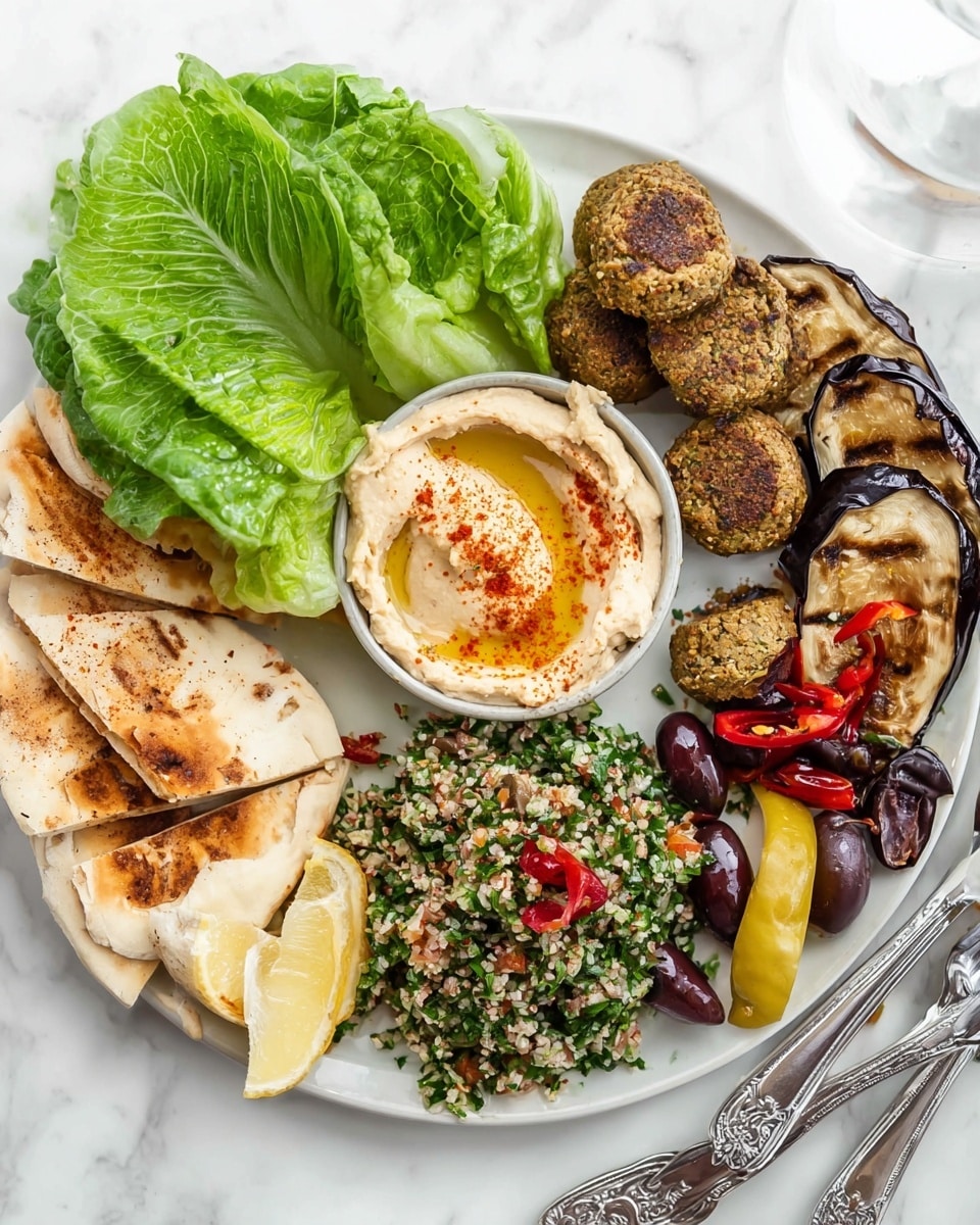 A white bowl filled with six falafel balls with a brown crispy texture on the left, four pieces of toasted pita bread stacked near the top left, a white hummus layer sprinkled with paprika in the middle, a pile of cubed white feta cheese and green olives on the top right, chopped green cucumbers on the bottom left, sliced bright red tomatoes with green herbs near the bottom center, leafy green lettuce on the right, and lemon wedges on the bottom right. Thin slices of pink-red pickled onions sit on top of the falafel and cucumbers, and the whole dish is drizzled with creamy white sauce. The bowl is placed on a white marbled surface with a silver fork on the right side. Photo taken with an iphone --ar 4:5 --v 7