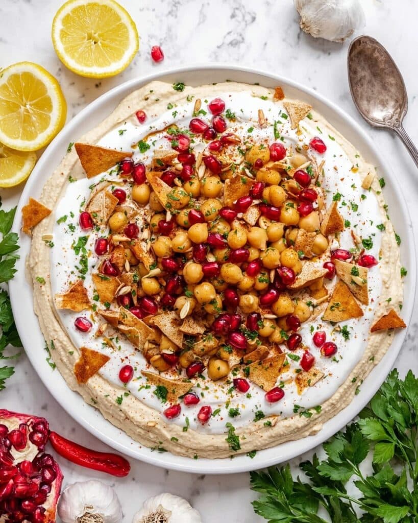 Fatteh with Pita Chips, Hummus, and Yogurt Sauce Recipe