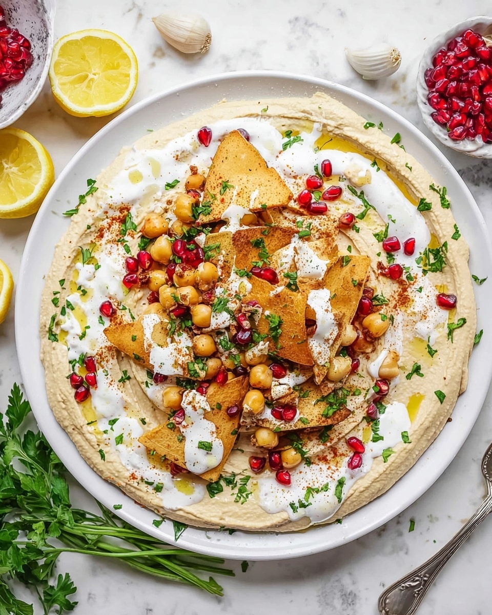 A white plate holds a layered dish starting with a smooth, creamy pale beige hummus spread thickly in a wide ring. On top of the hummus, there is a layer of golden brown, crispy pita chips scattered unevenly with light beige chickpeas mixed in around the chips. Over this, a generous layer of white creamy sauce is spread, slightly flowing over the pita chips and chickpeas. The dish is decorated with a sprinkling of bright red pomegranate seeds, small yellow toasted pine nuts, and finely chopped green herbs scattered across the top. A drizzle of light golden olive oil shines on the creamy sauce, adding a subtle gloss. This plate sits on a white marbled surface, with lemon wedges and green parsley peeking into the corners, enhancing the fresh look. Photo taken with an iphone --ar 4:5 --v 7