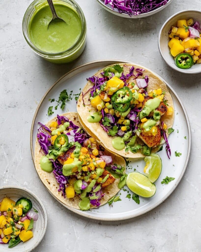 Chipotle Lime Salmon Tacos with Corn Avocado Peach Salsa & Cilantro Yogurt Sauce Recipe