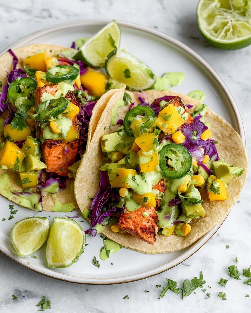 The image shows soft white tortillas topped with several colorful layers. The bottom layer is shredded purple cabbage with a rough texture. On top of that are grilled chunks of orange-brown seasoned chicken pieces. Then there are scattered yellow corn kernels and small diced green avocado pieces mixed with red tomato chunks. Fresh green cilantro leaves are sprinkled across the taco. A creamy light green sauce is being drizzled over the top from a silver spoon held by a woman's hand. The tacos rest on white parchment paper placed on a white marbled surface, with lime wedges nearby. photo taken with an iphone --ar 4:5 --v 7