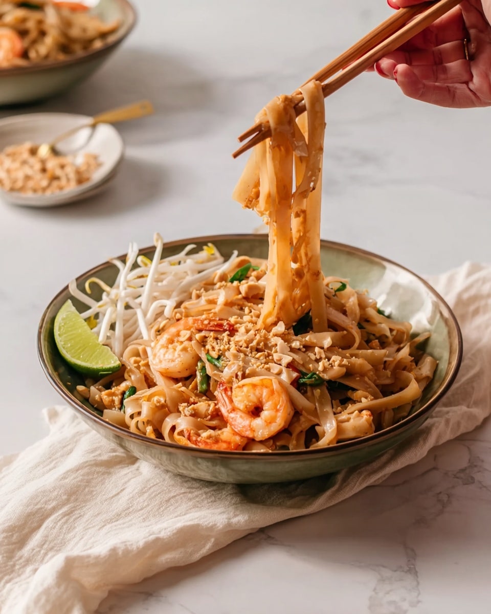 A white bowl filled with a mix of light brown wide rice noodles, orange cooked shrimp, small pieces of light yellow scrambled egg, and green chives. On the right side of the bowl, there is a small pile of crisp white bean sprouts. A wedge of pale green lime is placed near the top right inside the bowl. A woman's hand holding pink chopsticks lifts a few noodles mixed with chives above the bowl. The bowl sits on a white marbled surface with a white crumpled cloth next to it. In the background, a second bowl with the same dish and a small white dish with lime wedges are visible. Photo taken with an iphone --ar 4:5 --v 7