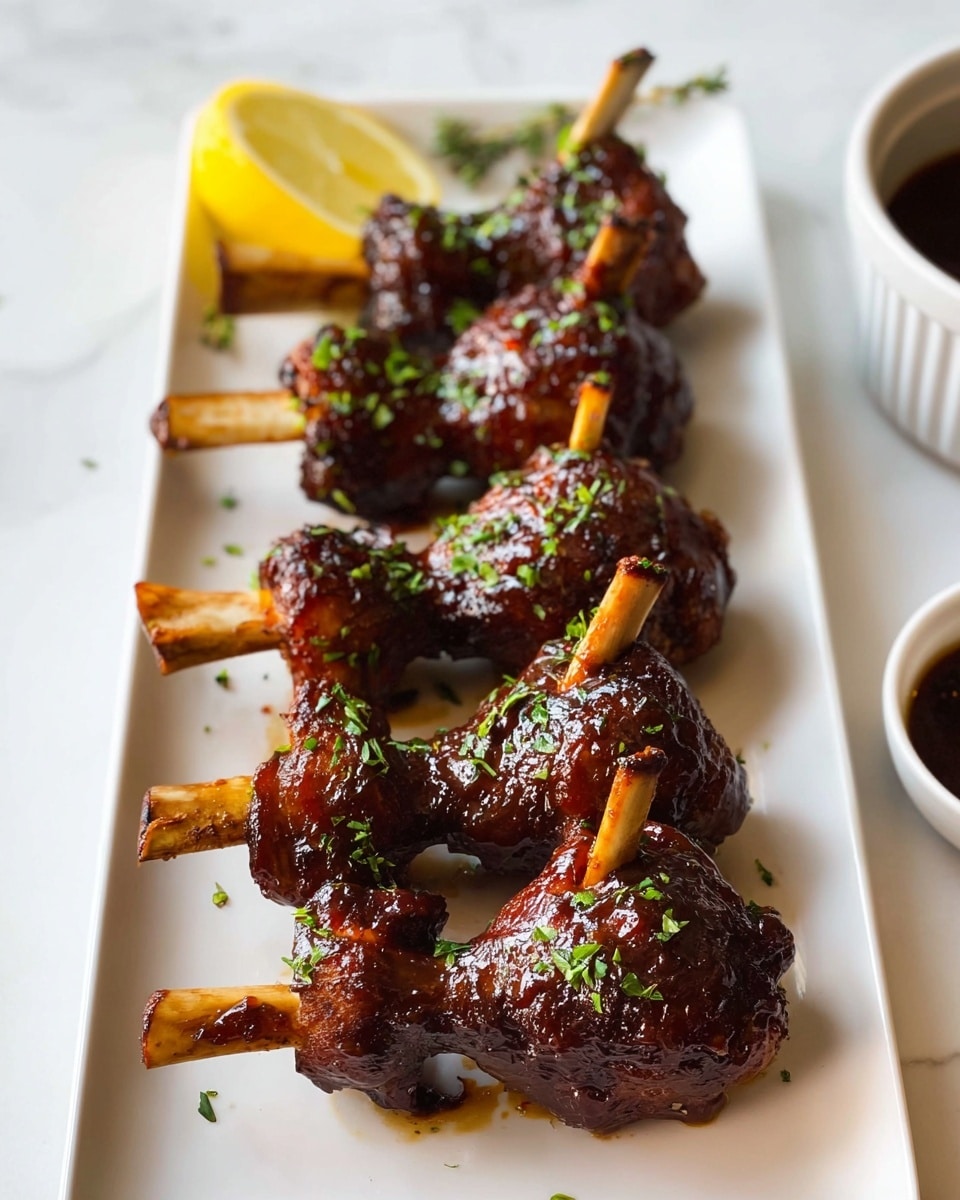 The image shows six dark brown glazed meat lollipops arranged in two rows on a white plate, each with a bright light-colored bone sticking out from the top. The meat is covered in a shiny, thick sauce with small green herbs sprinkled over each piece. On the left side of the plate, there is a half lemon with a fresh yellow color and some green herbs on it. On the right side of the plate, there is a small white bowl filled with dark brown sauce. The plate is placed on a white marbled surface with a soft white cloth in the background. Photo taken with an iphone --ar 4:5 --v 7