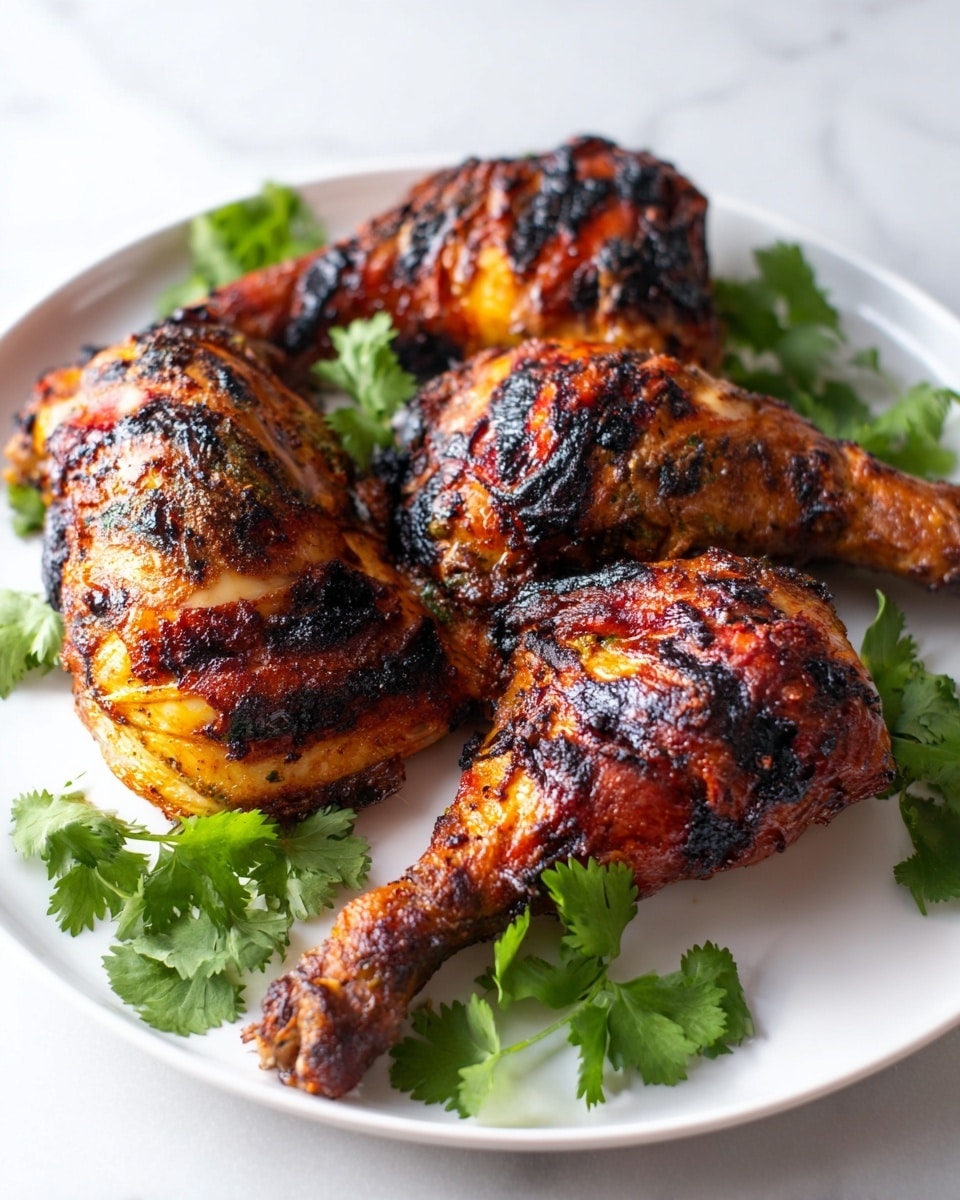 Two pieces of grilled chicken with a dark reddish glaze and some black char marks are placed on a white plate. Next to the chicken, there is a small round mound of white rice topped with a few black sesame seeds. Surrounding the chicken and rice are chunks of cucumber sprinkled with red chili flakes and small green chive pieces. The plate sits on a white marbled surface. photo taken with an iphone --ar 4:5 --v 7