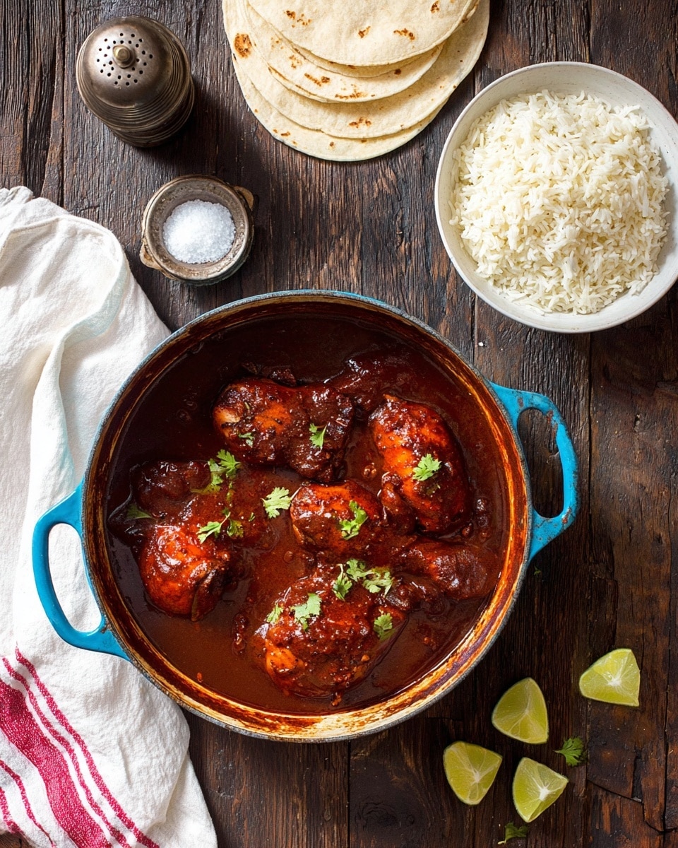 A white bowl filled with seven pieces of chicken covered in thick, deep red sauce, placed closely together and coated evenly. Each piece of chicken has a shiny, smooth texture from the sauce, with some green cilantro leaves scattered on top as garnish. The bowl is sitting on a round worn blue wooden board, which lies on a rustic wooden table. A white cloth with red stripes is partially visible under the bowl. The photo taken with an iphone --ar 4:5 --v 7