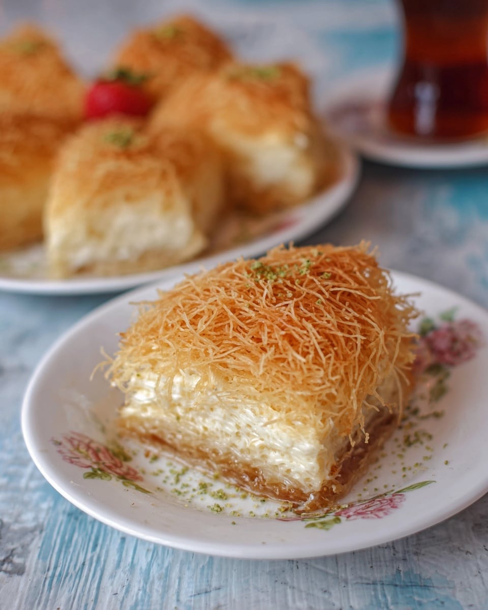 A round dessert is shown in a clear glass dish, divided into eight triangle slices. The top layer looks crispy and golden brown with fine, thin strands. Each slice is decorated with a small red strawberry half and a sprinkle of green powder placed just above it. The dish is on a wooden table with a basket of whole walnuts in the background and a small glass of dark tea on a white plate with floral details. The surface has a white marbled texture visible at the edges. Photo taken with an iphone --ar 4:5 --v 7