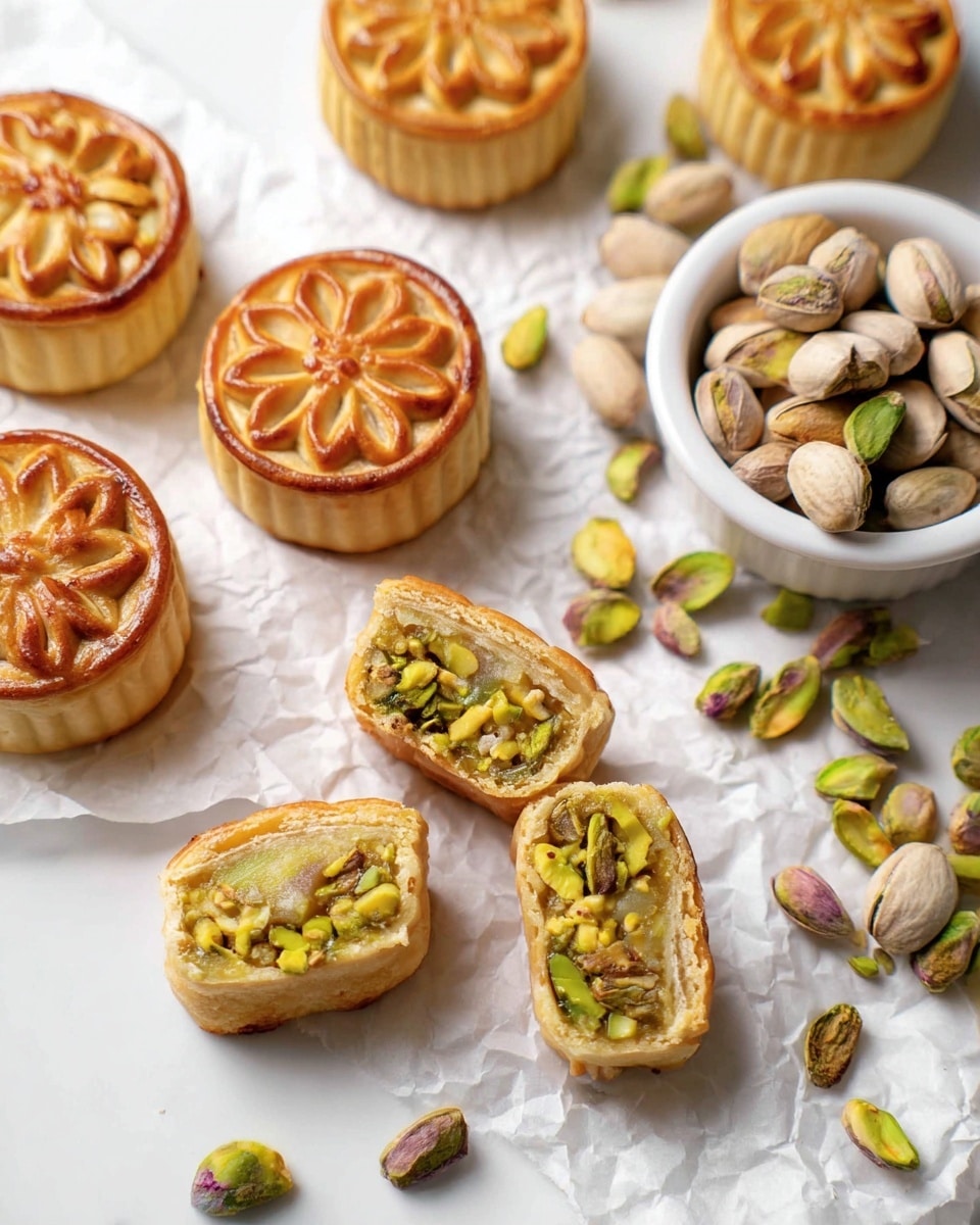 Several golden brown mooncakes with a flower pattern on top are arranged on crumpled white paper over a white marbled surface. Three mooncakes are cut open to show a dense filling packed with green pistachios in the center layer, surrounded by a light brown crust layer and an outer golden baked layer. A white bowl filled with whole pistachios sits to the right, with scattered pistachios around it. Above the mooncakes is a silver butter knife and a white plastic press tool. The scene is bright and clean. Photo taken with an iphone --ar 4:5 --v 7