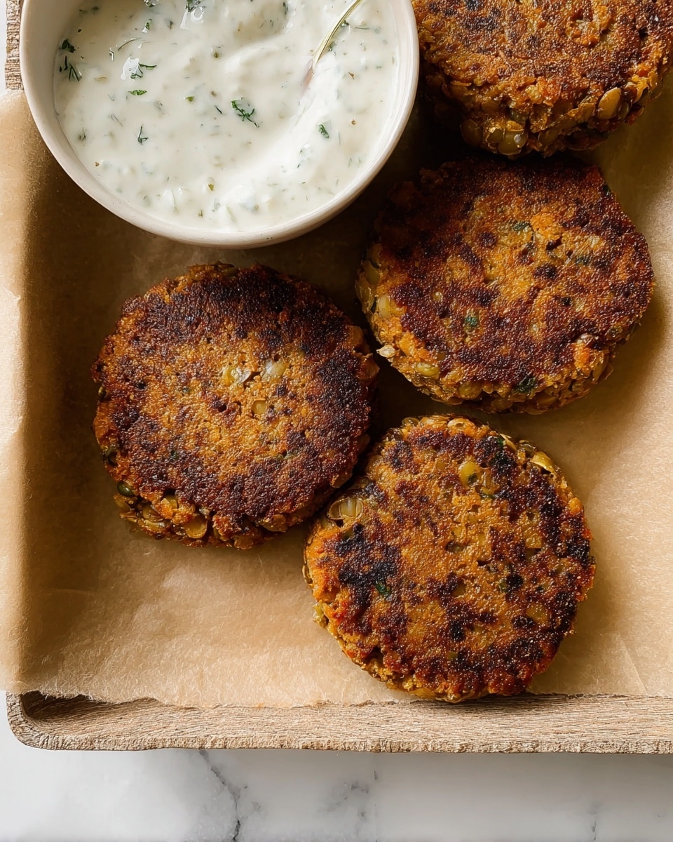 The image shows four round, browned patties with a crispy texture, placed on light brown parchment paper on a baking tray. The patties appear thick and chunky with visible pieces of lentils and onions inside. Next to the patties is a white bowl with a smooth, creamy sauce, speckled with green herbs. The whole setup is on a white marbled surface. photo taken with an iphone --ar 4:5 --v 7