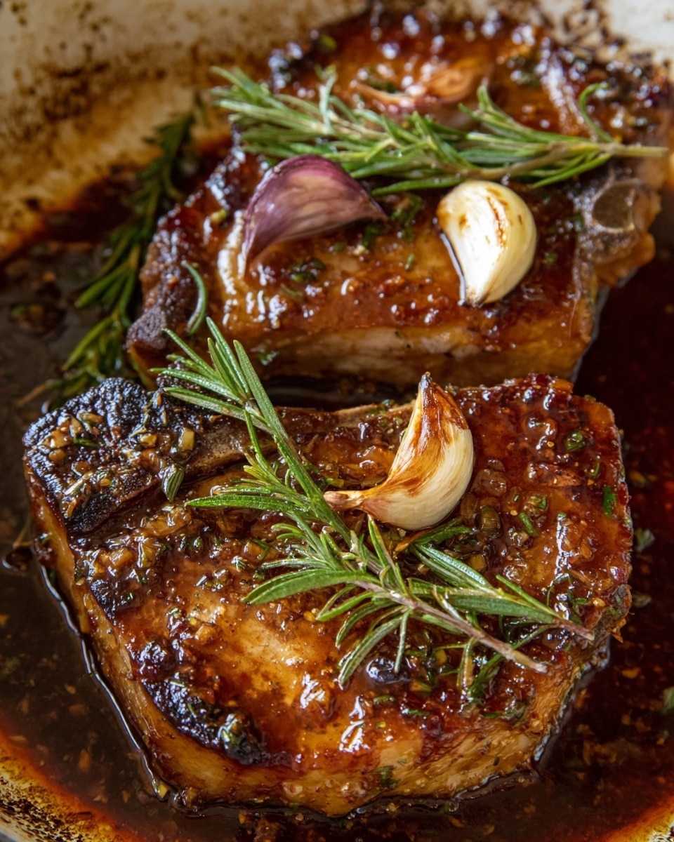 Two cooked pork chops with a caramelized brown color lie flat, each topped with herbs and garlic. The top chop has a golden-brown surface with a single peeled clove of garlic and a sprig of thyme, while the bottom chop shows a mix of rosemary sprigs and garlic cloves with a slightly crispy texture at the edges. The chops sit in a thick, glossy sauce with a mix of dark and light brown tones on a white marbled textured background. photo taken with an iphone --ar 4:5 --v 7