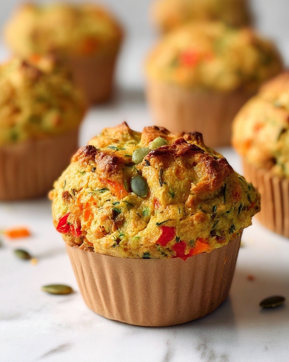 A close-up of a muffin with a crumbly top, showing a light golden brown texture mixed with small pieces of green vegetable bits and red pepper flakes, topped with flat green pumpkin seeds scattered over the surface. The muffin sits in a lined white paper cup, resting on a white marbled surface, with blurred similar muffins in the background. photo taken with an iphone --ar 4:5 --v 7