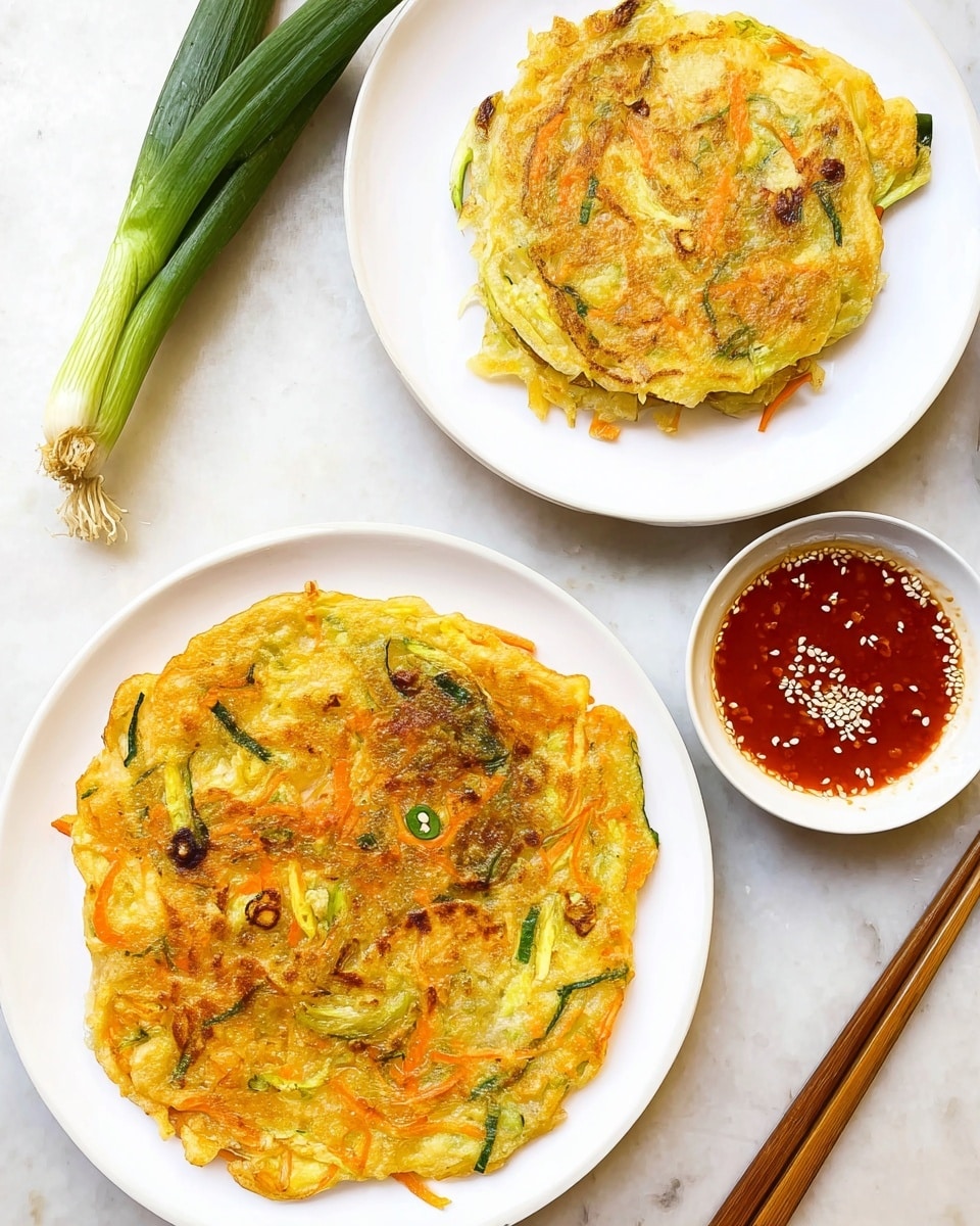 A round vegetable pancake cooking in a black non-stick frying pan on a stove. The pancake has several layers of shredded vegetables like pale green cabbage, bright orange carrots, and sliced brown mushrooms spread evenly, giving it a mixed texture. The pancake edges are light golden brown, showing it is frying, with the vegetables keeping their natural color and softness. The pan handle is black and part of the stove’s black grates are visible. The background is a white marbled surface photo taken with an iphone --ar 4:5 --v 7