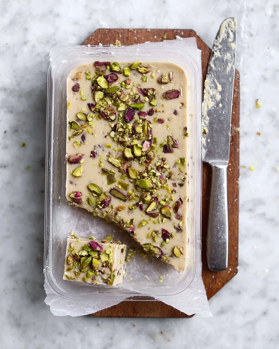 The image shows a white plate with a light tan rectangular block of sweet halva dessert, studded with chopped green and brown pistachio nuts on top. Two small pieces are broken off from the right side, showing the crumbly and slightly grainy texture inside. Some scattered bits of pistachio nuts and crumbs are spread around the plate. The plate is placed on a white marbled surface. photo taken with an iphone --ar 4:5 --v 7