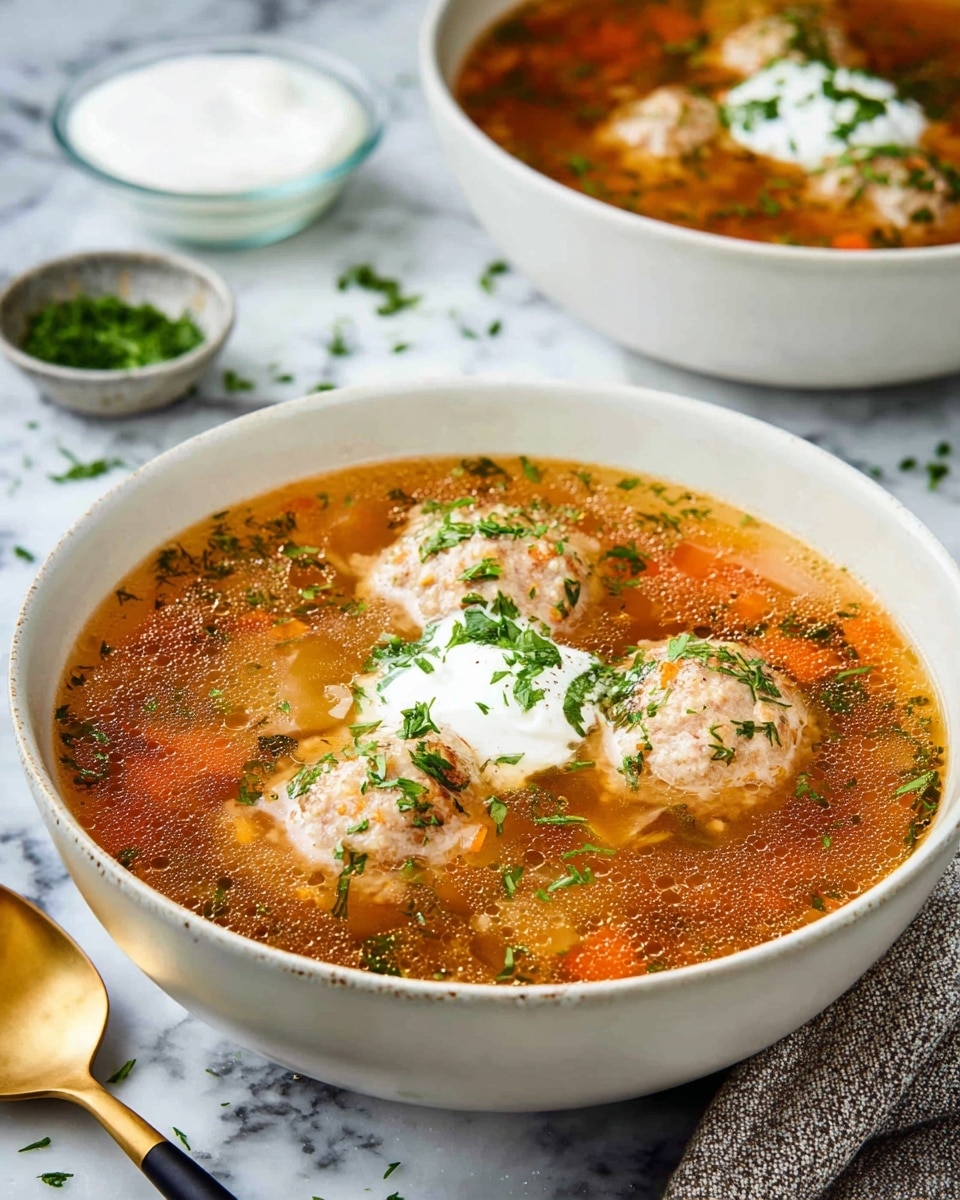 A white bowl filled with a warm, clear broth soup that has a light brown color mixed with orange slices of carrot and bits of green herbs floating throughout. On the center surface of the soup, there are three round, beige meatballs clustered together, topped with a dollop of white sour cream and more green chopped herbs sprinkled around. The bowl is placed on a white marbled surface with few scattered green herbs near it. Photo taken with an iphone --ar 4:5 --v 7