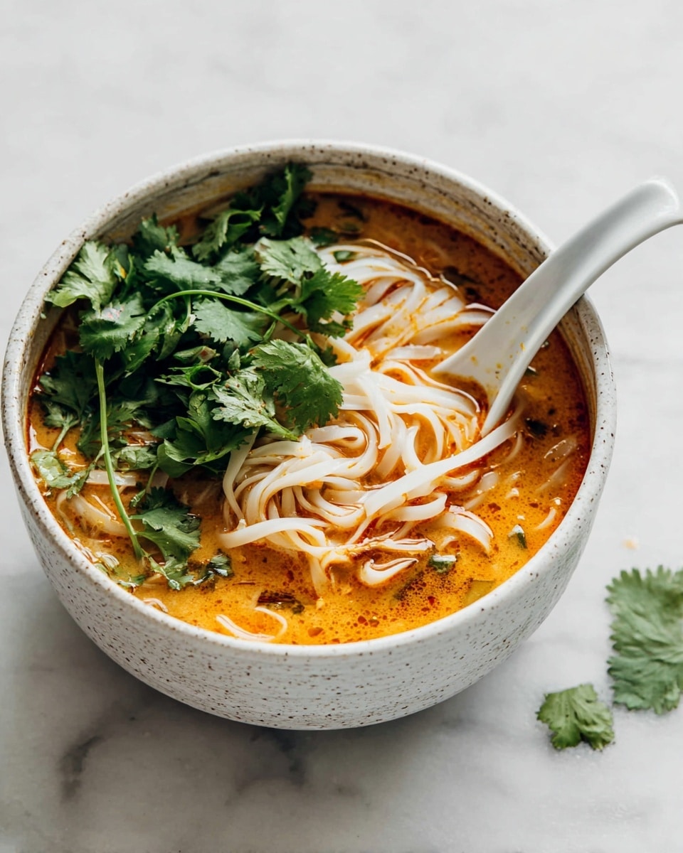 A white speckled bowl holds a rich orange-red broth with soft flat white noodles partially submerged inside it. On top of the noodles, bright green cilantro leaves are scattered, adding a fresh pop of color. A white ceramic soup spoon rests inside the bowl, dipping into the broth near the edge. The bowl sits on a white marbled surface with a few cilantro leaves scattered around it. photo taken with an iphone --ar 4:5 --v 7