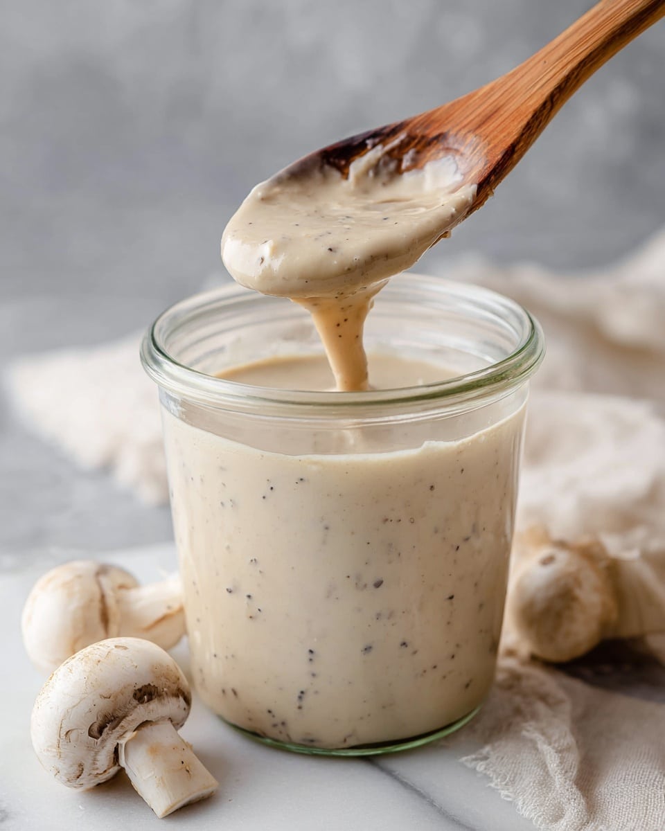 A clear glass jar is filled with thick creamy mushroom sauce, light beige in color with small darker mushroom pieces spread evenly throughout. A wooden spoon with the same sauce dripping slightly is held above the jar, showing the sauce’s smooth, rich texture. The background and surface are white marbled, with a few whole mushrooms placed casually near the jar, adding a fresh element to the scene. photo taken with an iphone --ar 4:5 --v 7