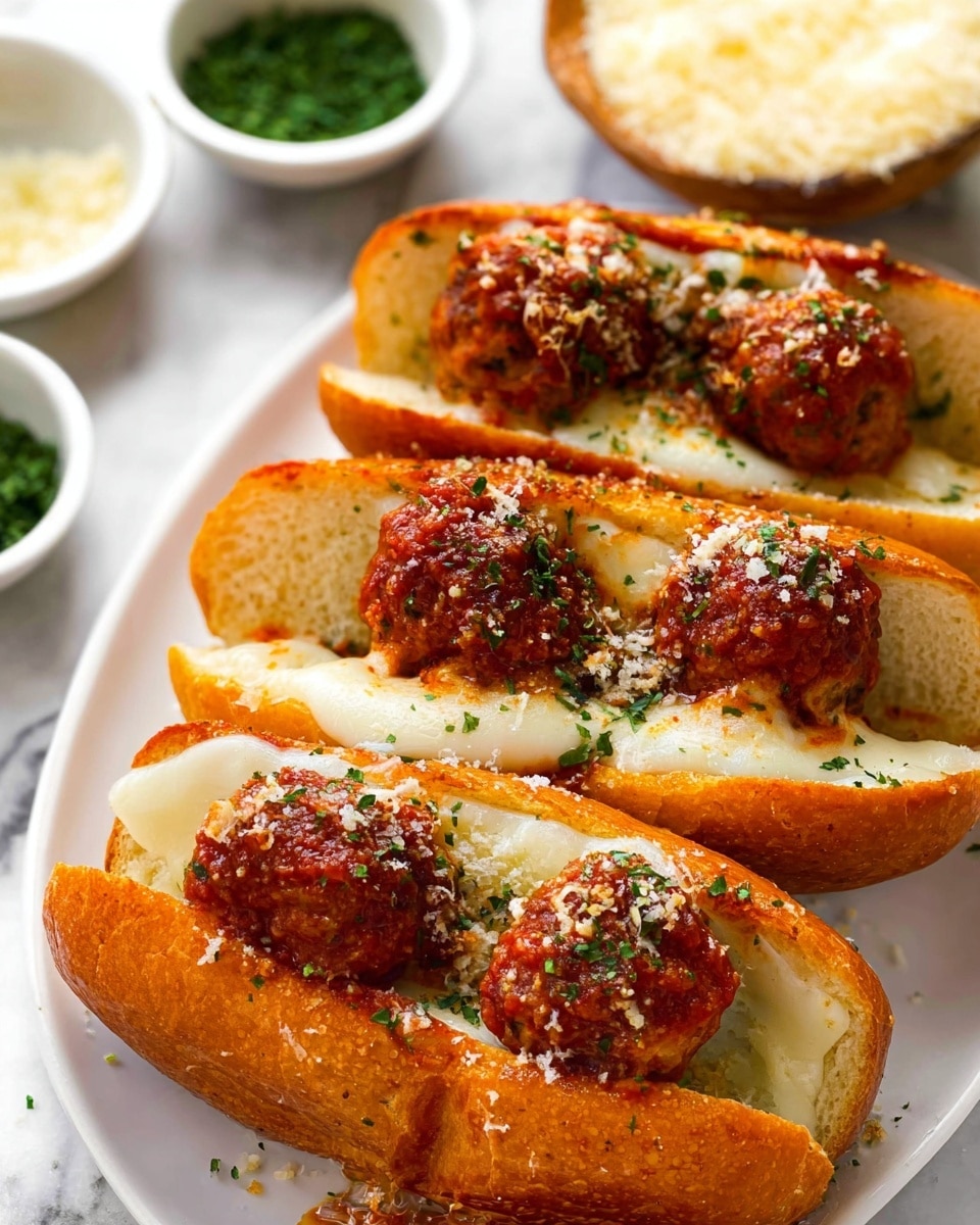 The image shows four small sandwich buns arranged closely on a white plate, each filled with layers starting from a light layer of melted cheese that looks smooth and creamy, topped with bright red tomato sauce that has a chunky texture, and finished with several round, browned meatballs sprinkled with finely grated cheese and small green herb pieces scattered over the top. The white marbled surface beneath the plate adds a clean and fresh look to the scene. Small white bowls holding green herbs and grated cheese are partially visible on the side, with some herbs and spice flakes scattered across the surface. photo taken with an iphone --ar 4:5 --v 7